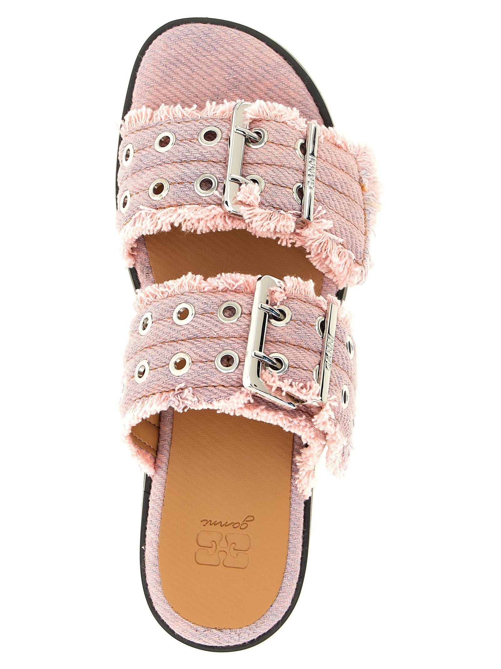 Ganni Feminine Buckle Fringed Denim Sandals Blue