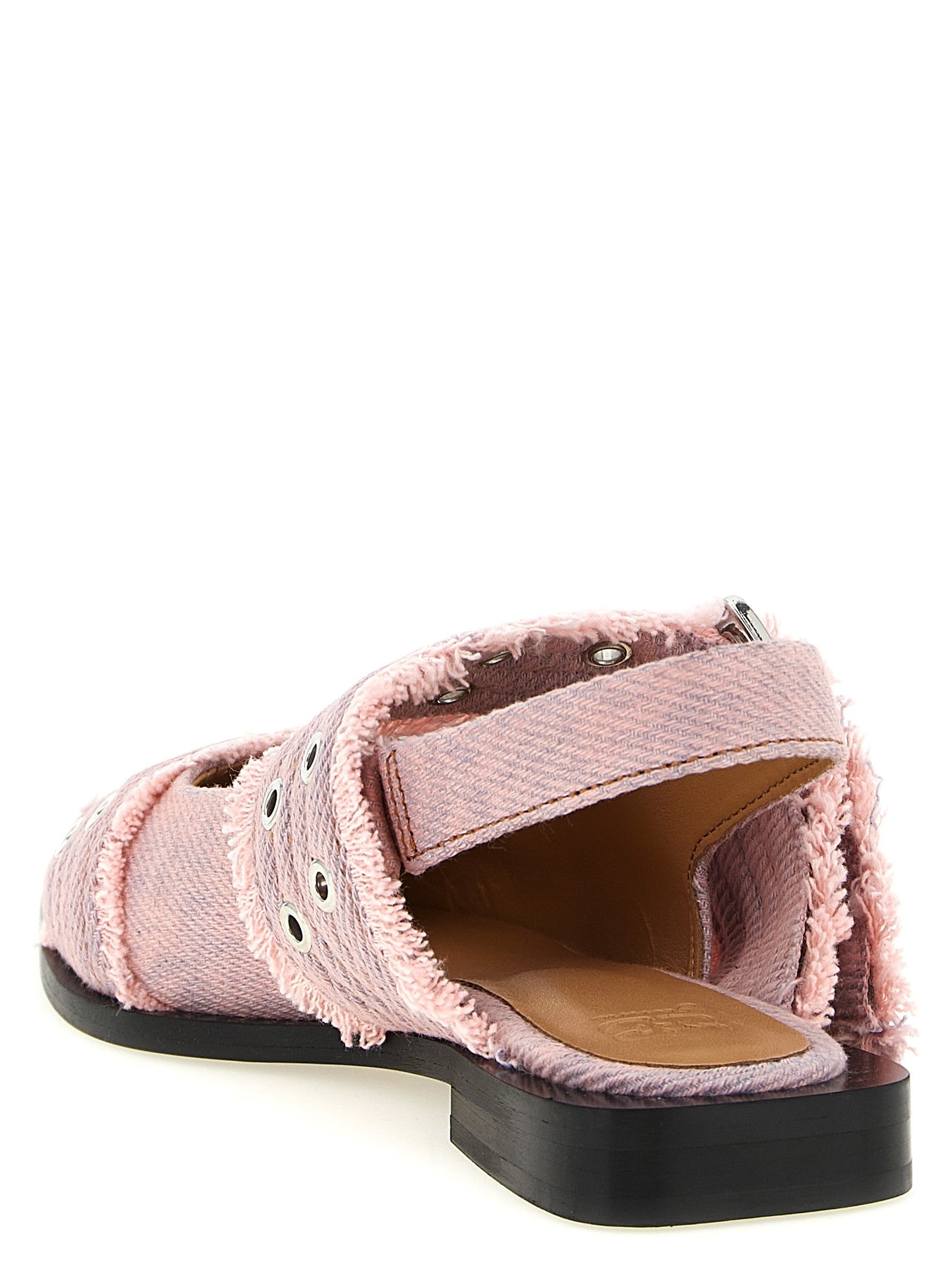 Ganni Feminine Buckle Fringed Denim Slingback Blue
