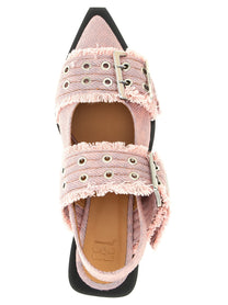Ganni Feminine Buckle Fringed Denim Slingback Blue