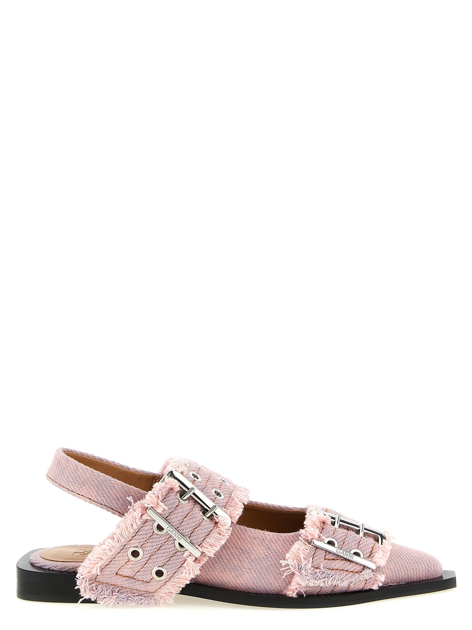 Ganni Feminine Buckle Fringed Denim Slingback Blue