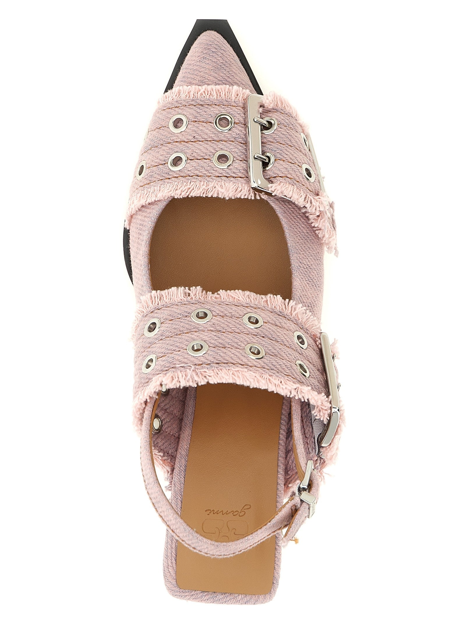 Ganni Feminine Buckle Fringed Denim Slingback Blue