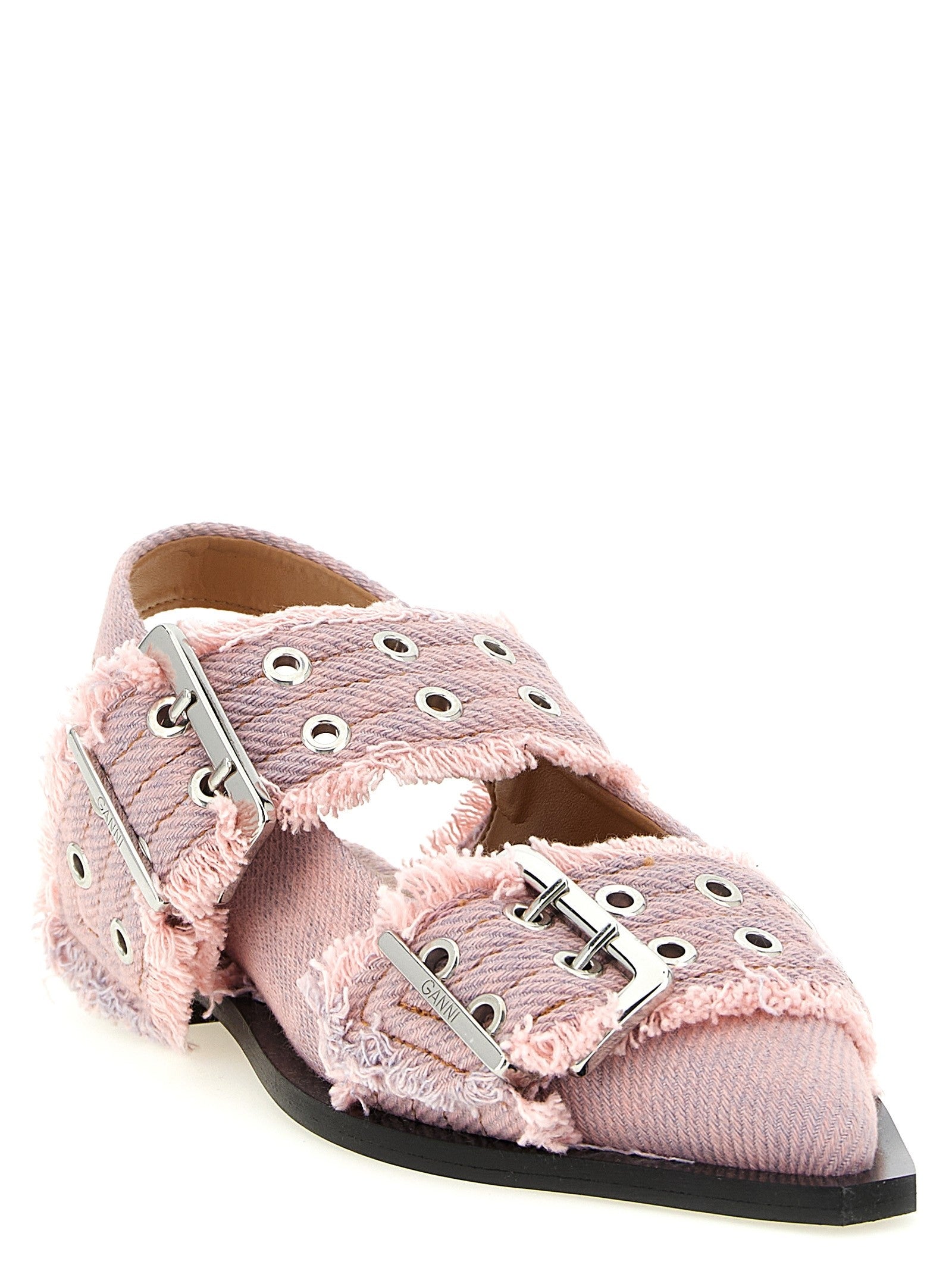 Ganni Feminine Buckle Fringed Denim Slingback Blue