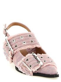 Ganni Feminine Buckle Fringed Denim Slingback Blue