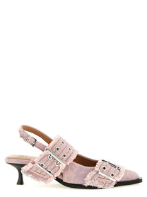 Ganni Feminine Buckle Fringed Denim Slingback Blue