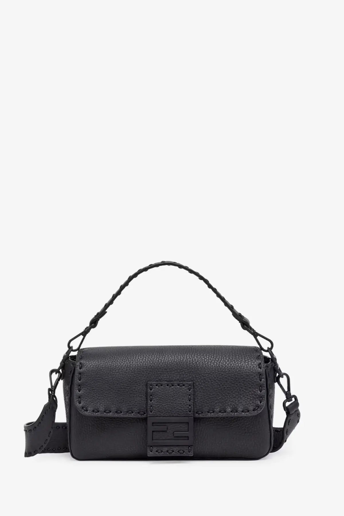 Black fendi mini handbag in textured leather with braided handle shown front view for mens baguette shoulder bag
