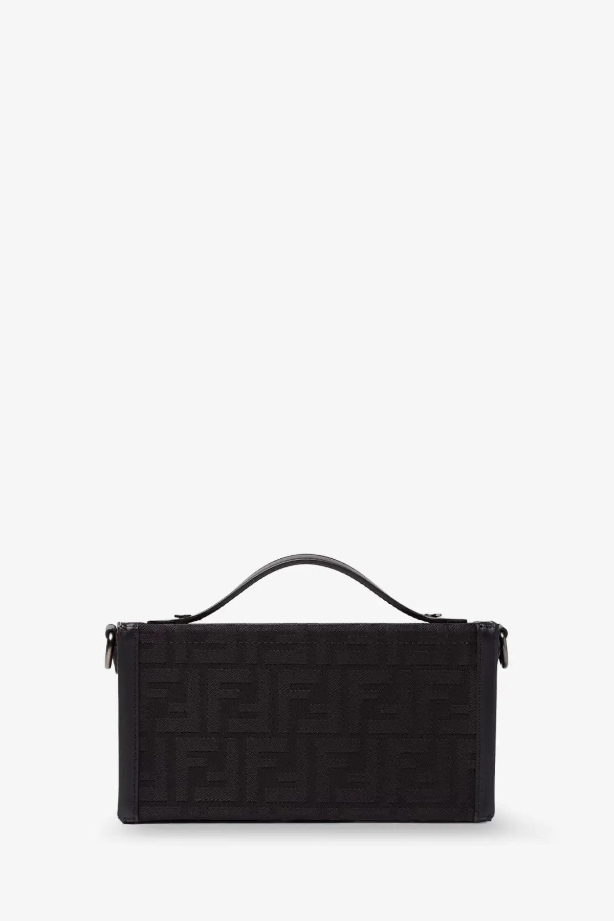 Black Fendi men’s baguette soft trunk crossbody bag with embossed FF fabric pattern and top handle