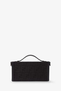 Black Fendi men’s baguette soft trunk crossbody bag with embossed FF fabric pattern and top handle