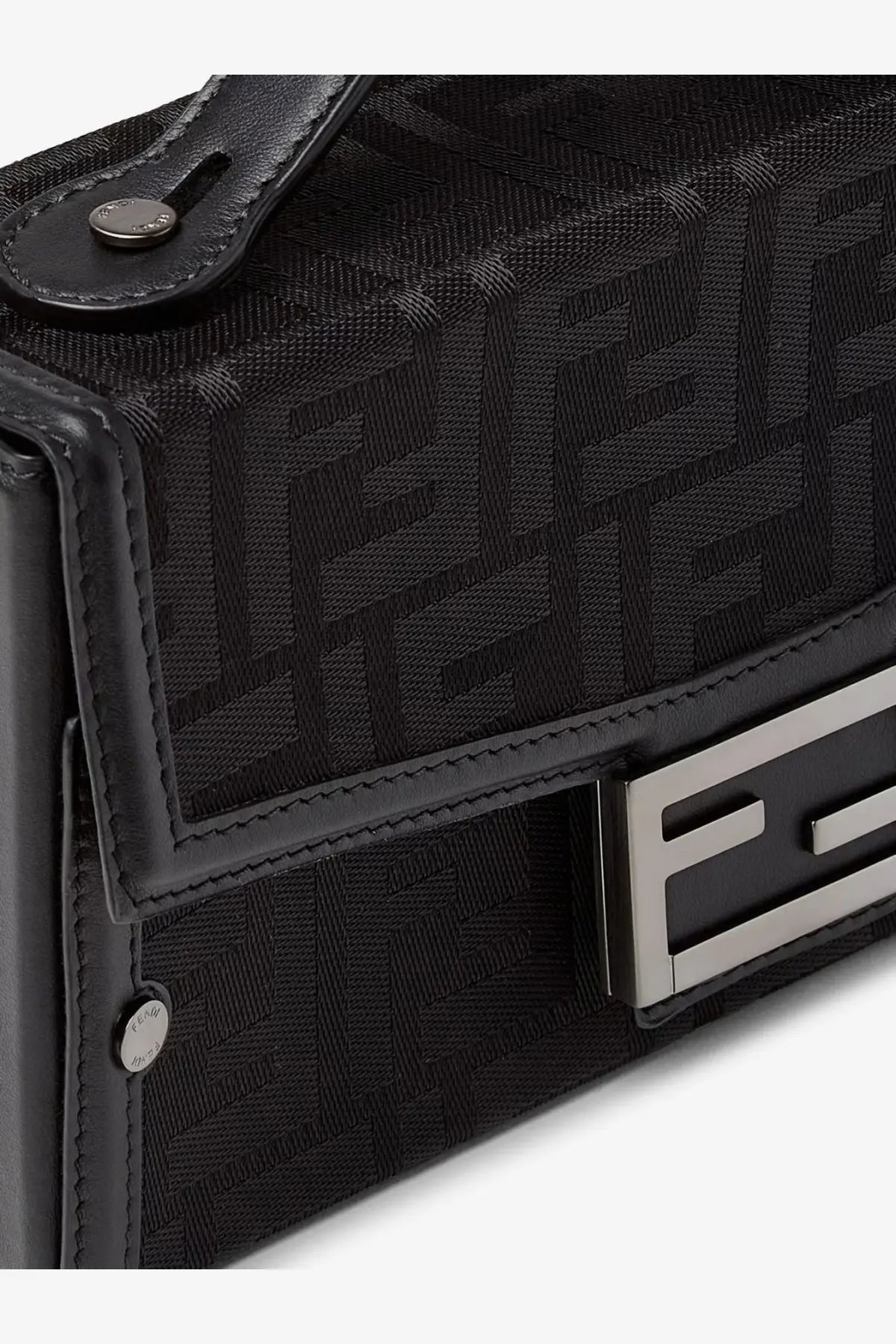 Fendi men’s baguette soft trunk crossbody bag in black woven ff fabric with leather trim and repeating logo pattern