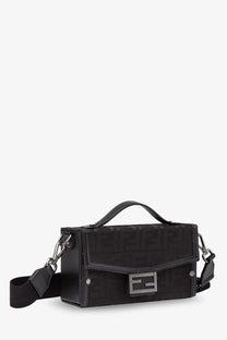 Fendi men’s baguette soft trunk black crossbody bag in ff fabric with repeating logo pattern and silver tone clasp
