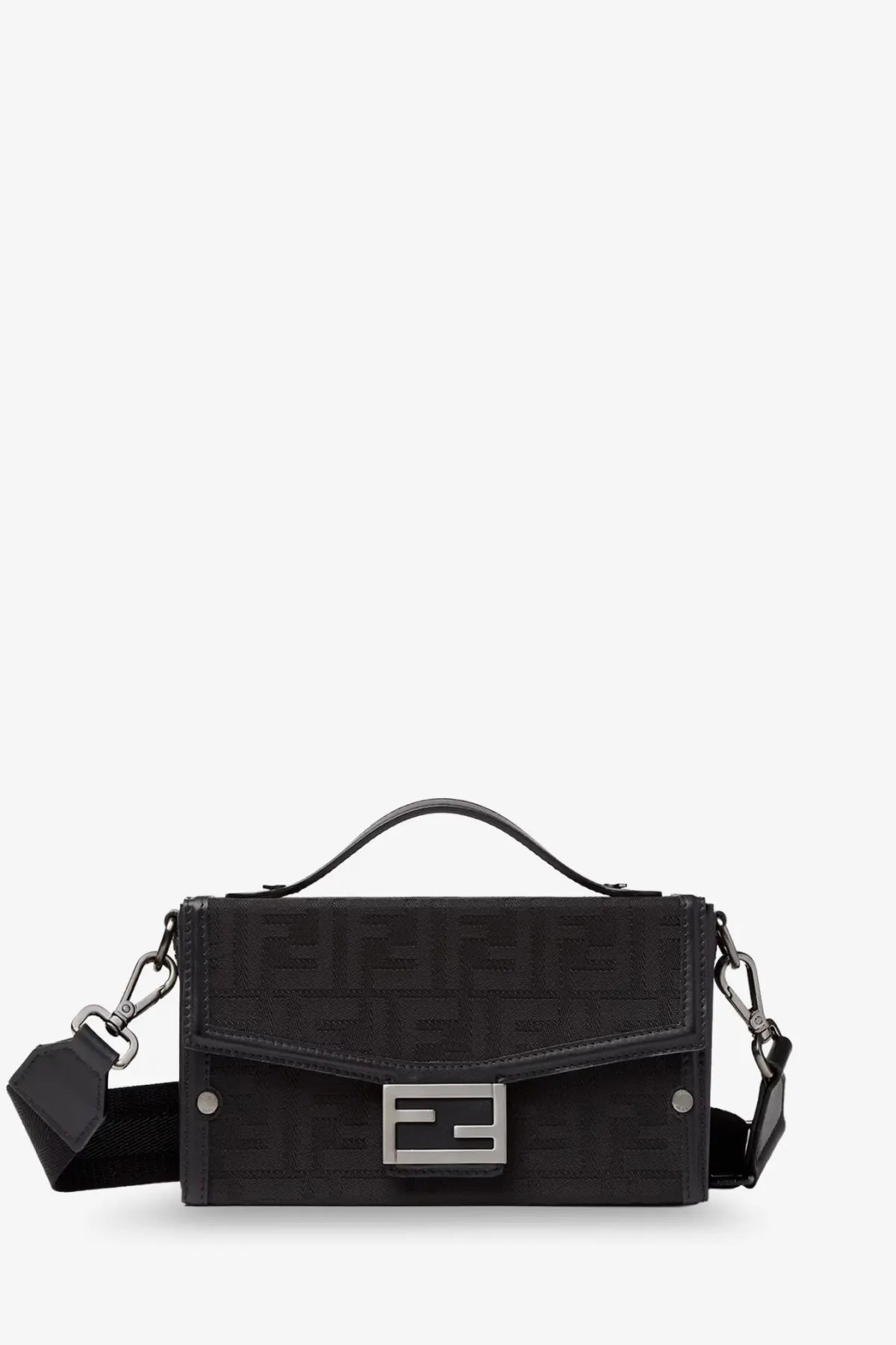 Fendi men’s baguette soft trunk black crossbody bag with ff fabric logo pattern and silver-tone metal clasp