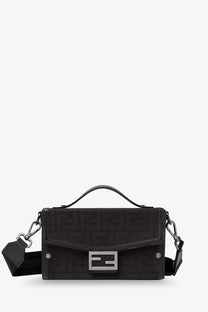 Fendi men’s baguette soft trunk black crossbody bag with ff fabric logo pattern and silver-tone metal clasp