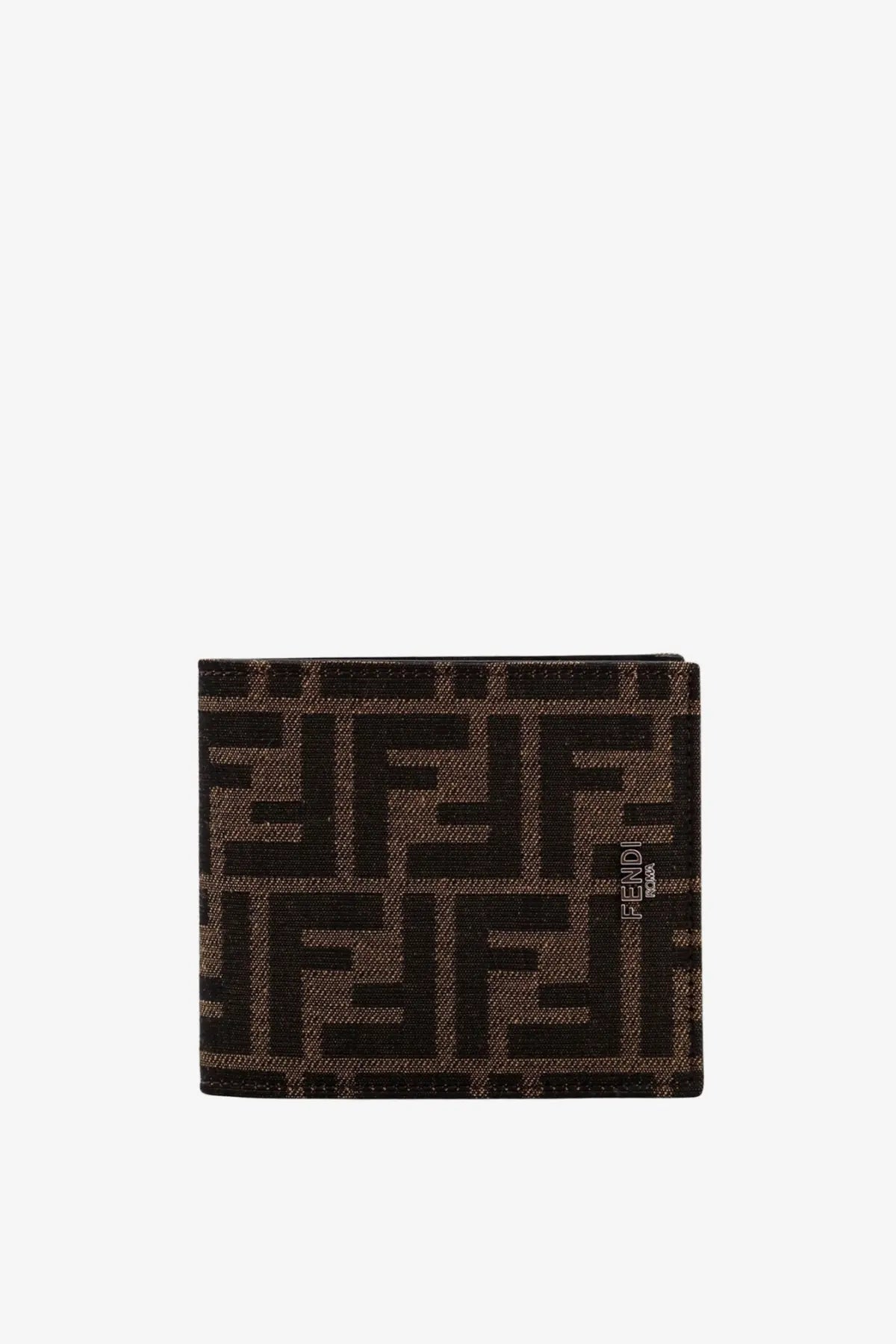 Brown fendi men’s bifold wallet in black ff jacquard fabric with woven repeating ff logo pattern