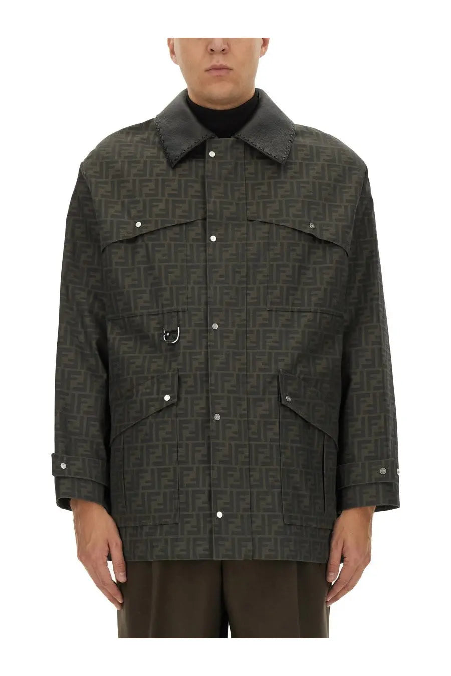 Fendi men’s blouson jacket in dark gray jacquard featuring a repeating ff logo pattern across the fabric