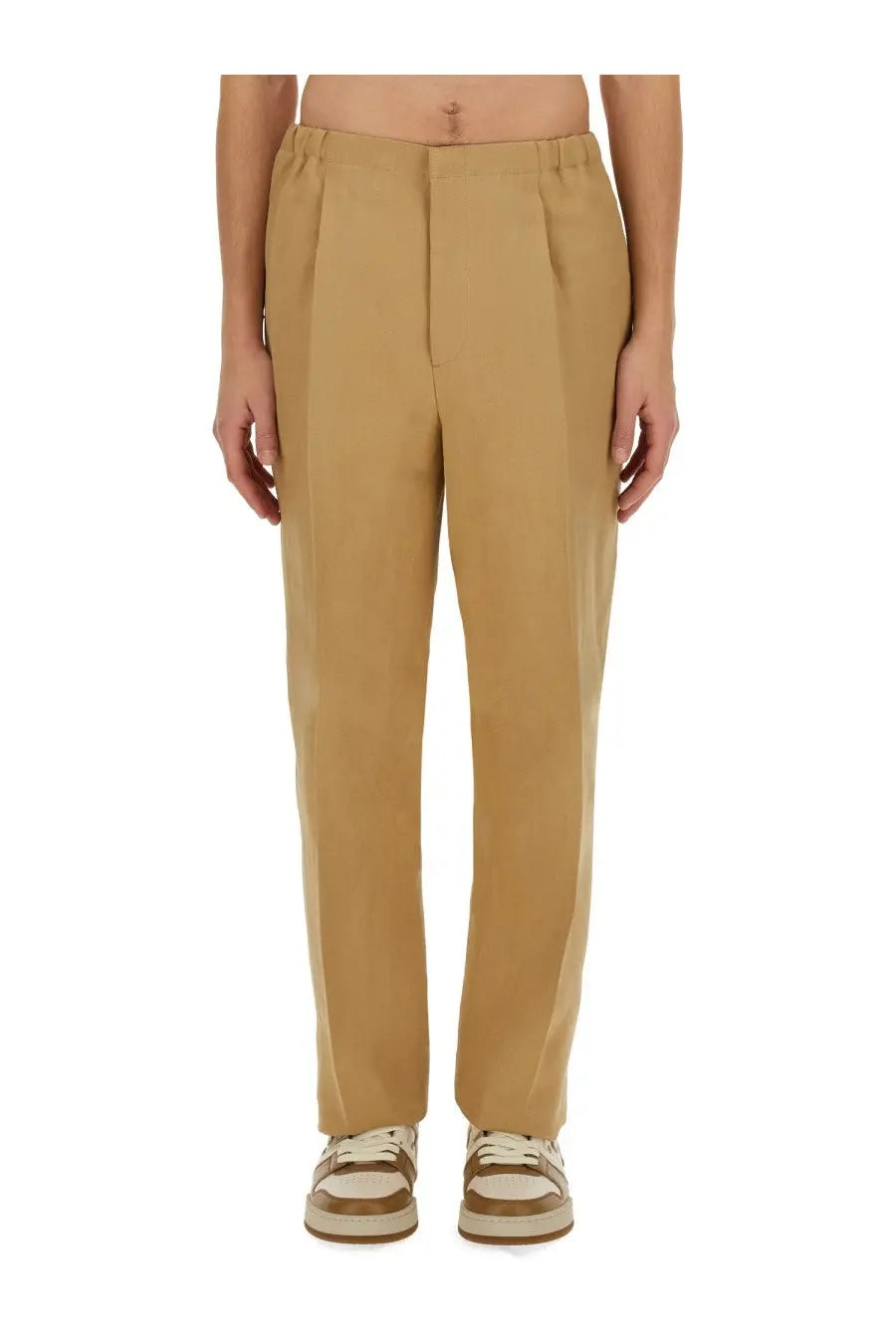 Fendi men’s canvas pants brown with tan pleated trousers featuring a relaxed fit and clean tailored lines