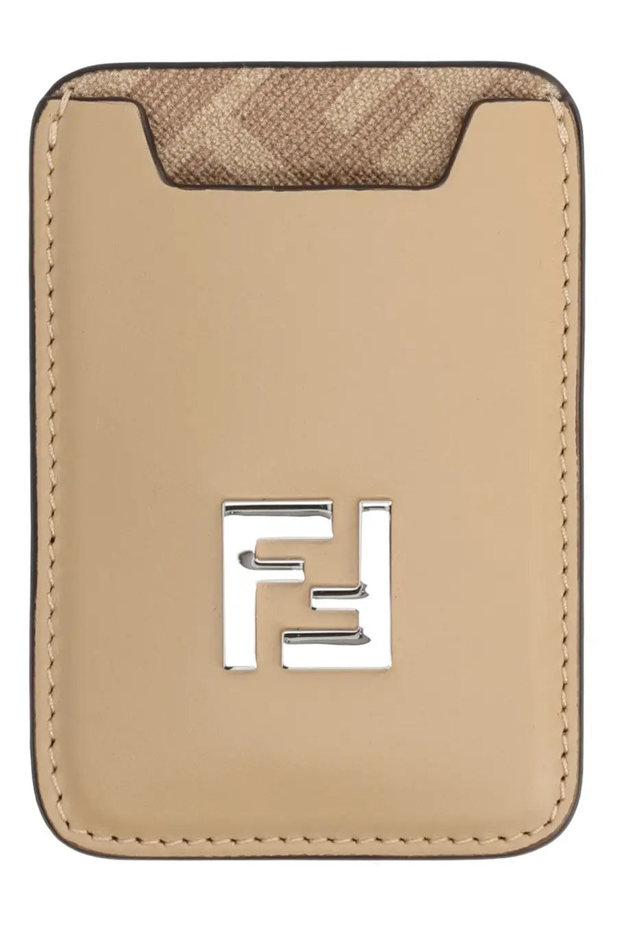 Beige leather fendi men’s card holder with silver-tone ff logo plaque and textured fabric top flap