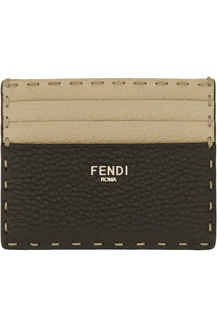 Fendi men’s card holder saddlery beige in black and beige textured leather with stitched edges and minimalist logo