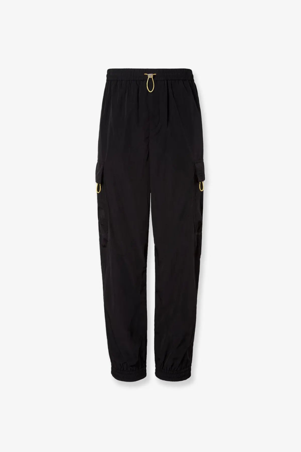 Fendi men’s black nylon cargo trousers with gold-tone metal accents on waistband and side pockets