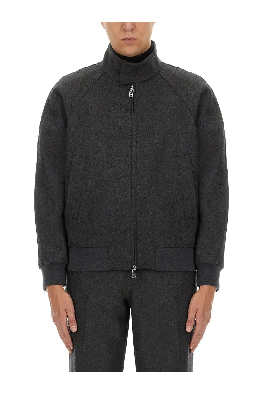 Fendi men’s cashmere blouson black dark gray textured wool bomber jacket with high collar and front zipper