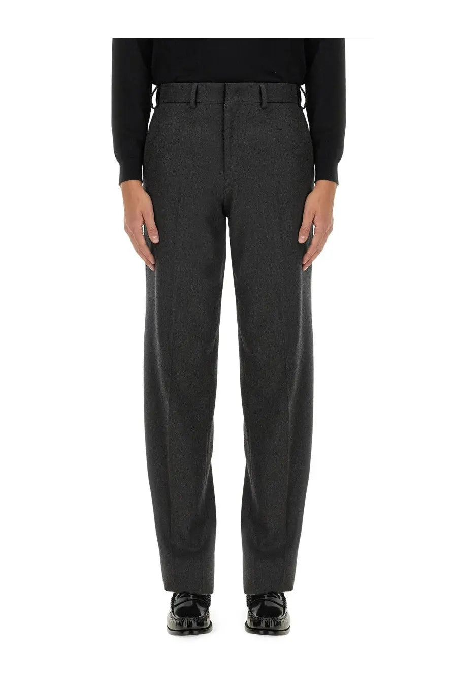 Fendi men’s cashmere pants grey with dark gray wool straight-leg trousers and classic belt loop design
