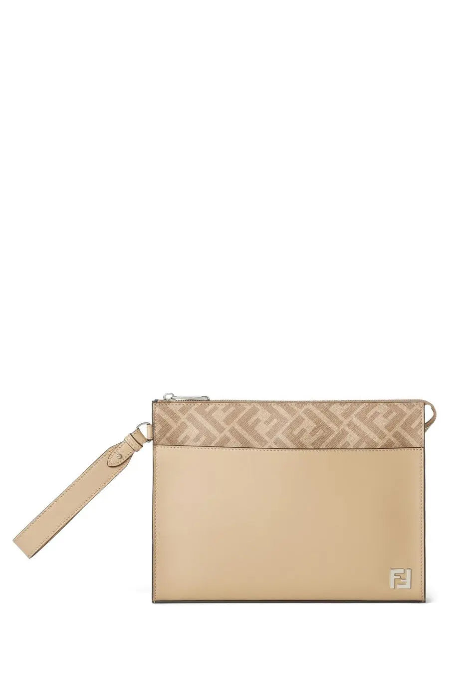 Fendi men’s clutch squared beige with repeating ff logo pattern top half solid beige lower wrist strap and metallic hardware