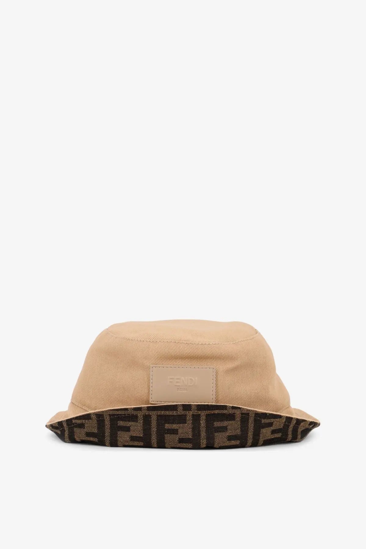 Beige fendi men’s cotton bucket hat with contrasting brown and black ff logo pattern on the brim