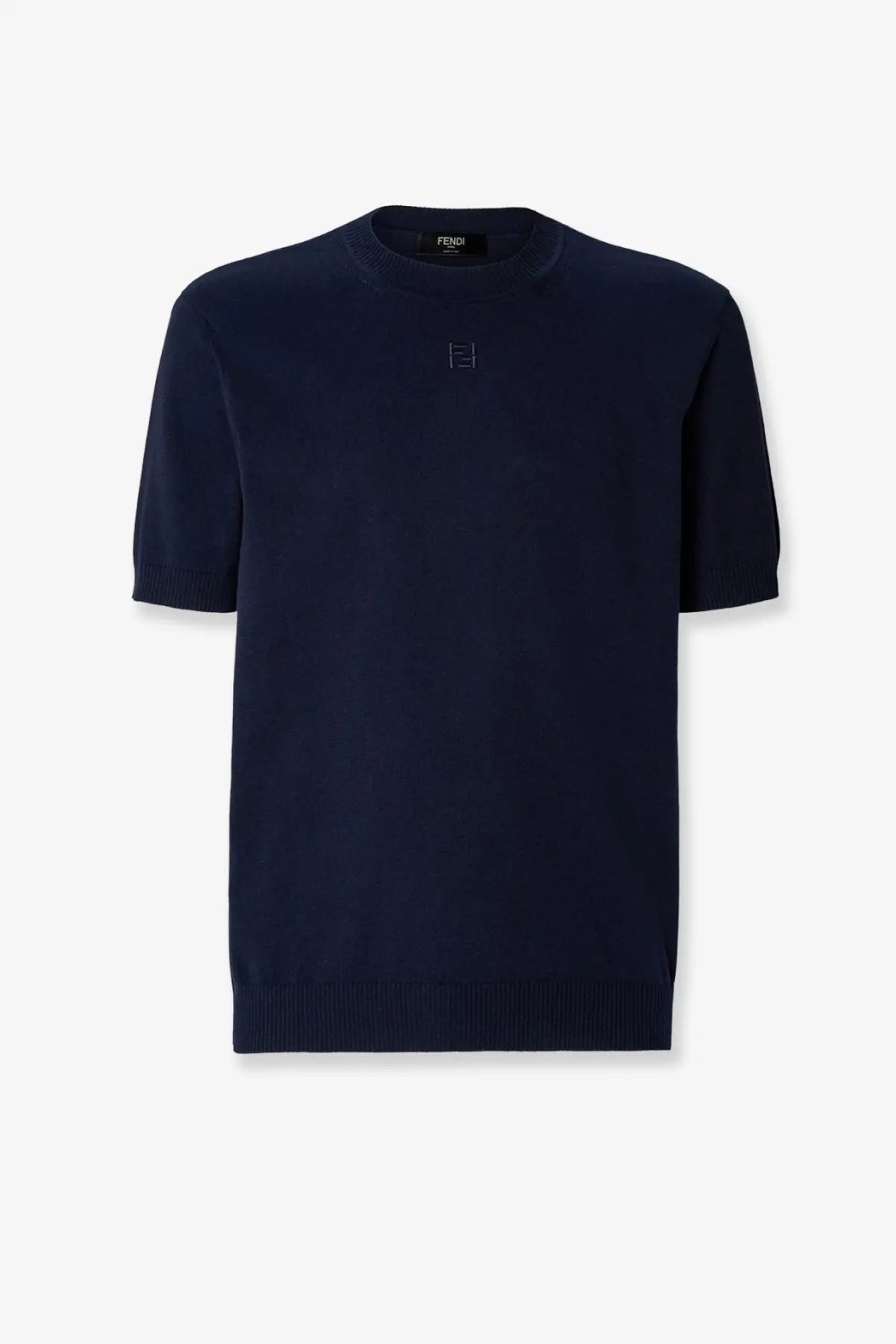 Navy blue fendi men’s cotton and cashmere short-sleeved knit sweater with ribbed cuffs and subtle chest logo embroidery