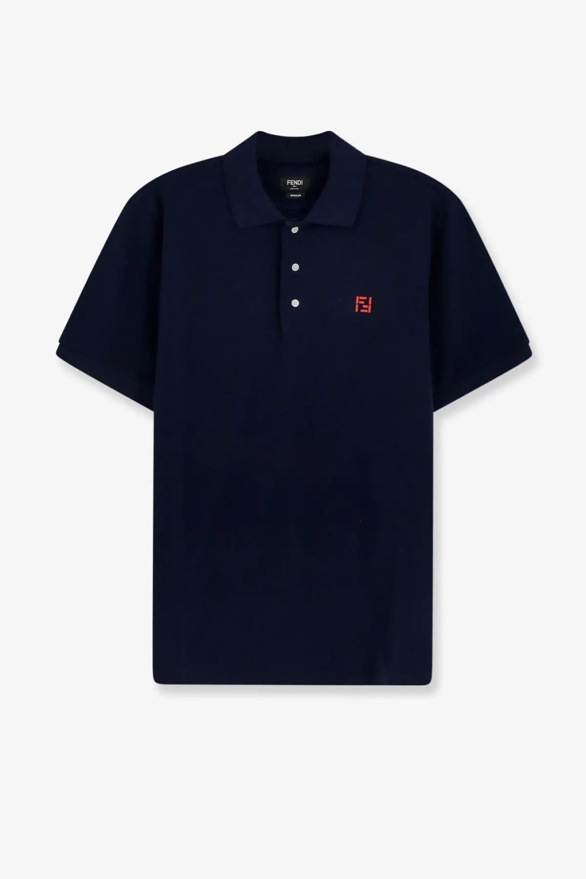 Navy blue Fendi men’s cotton polo shirt with red embroidered logo and white buttons on the left chest