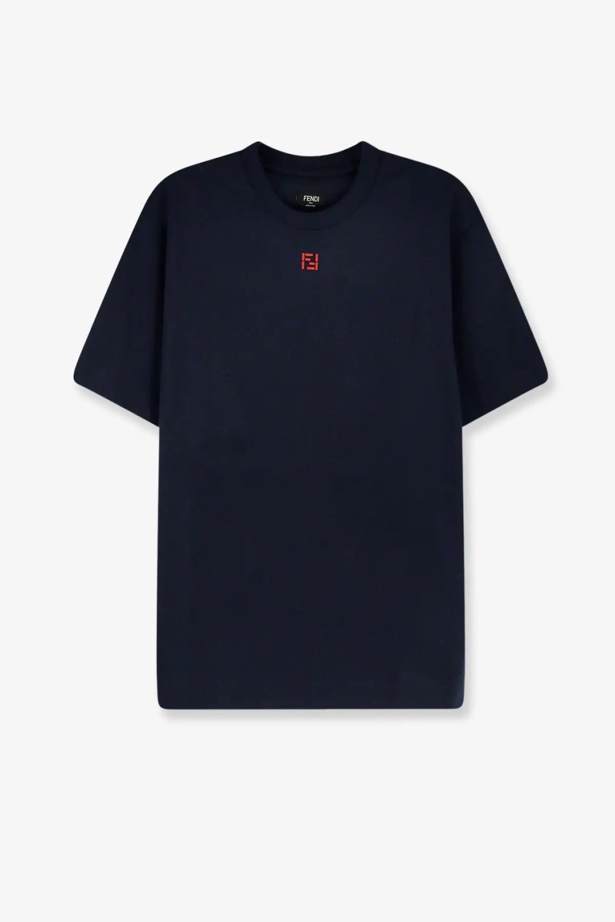 Black fendi men’s cotton t-shirt with a small red embroidered logo on the chest
