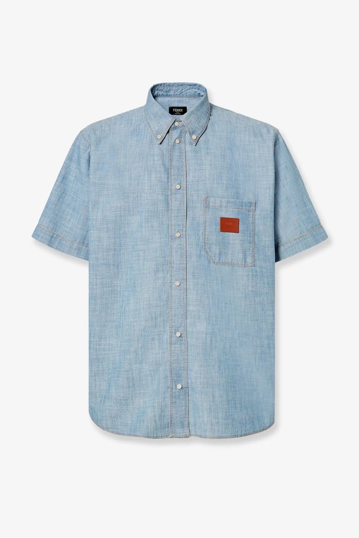 Fendi men’s blue cotton shirt with short sleeves button-up and brown leather patch on chest pocket