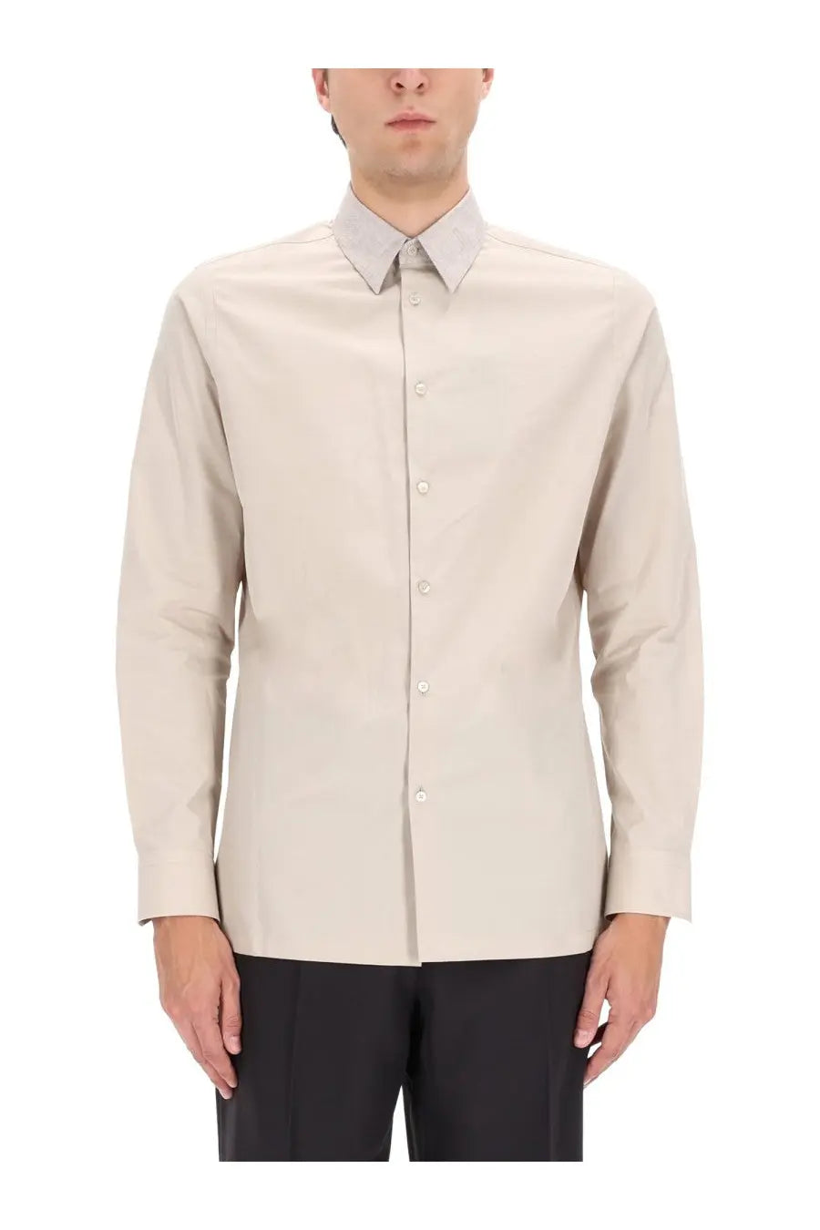 Fendi men’s cotton shirt white beige long-sleeved button-down with subtle contrast collar front view