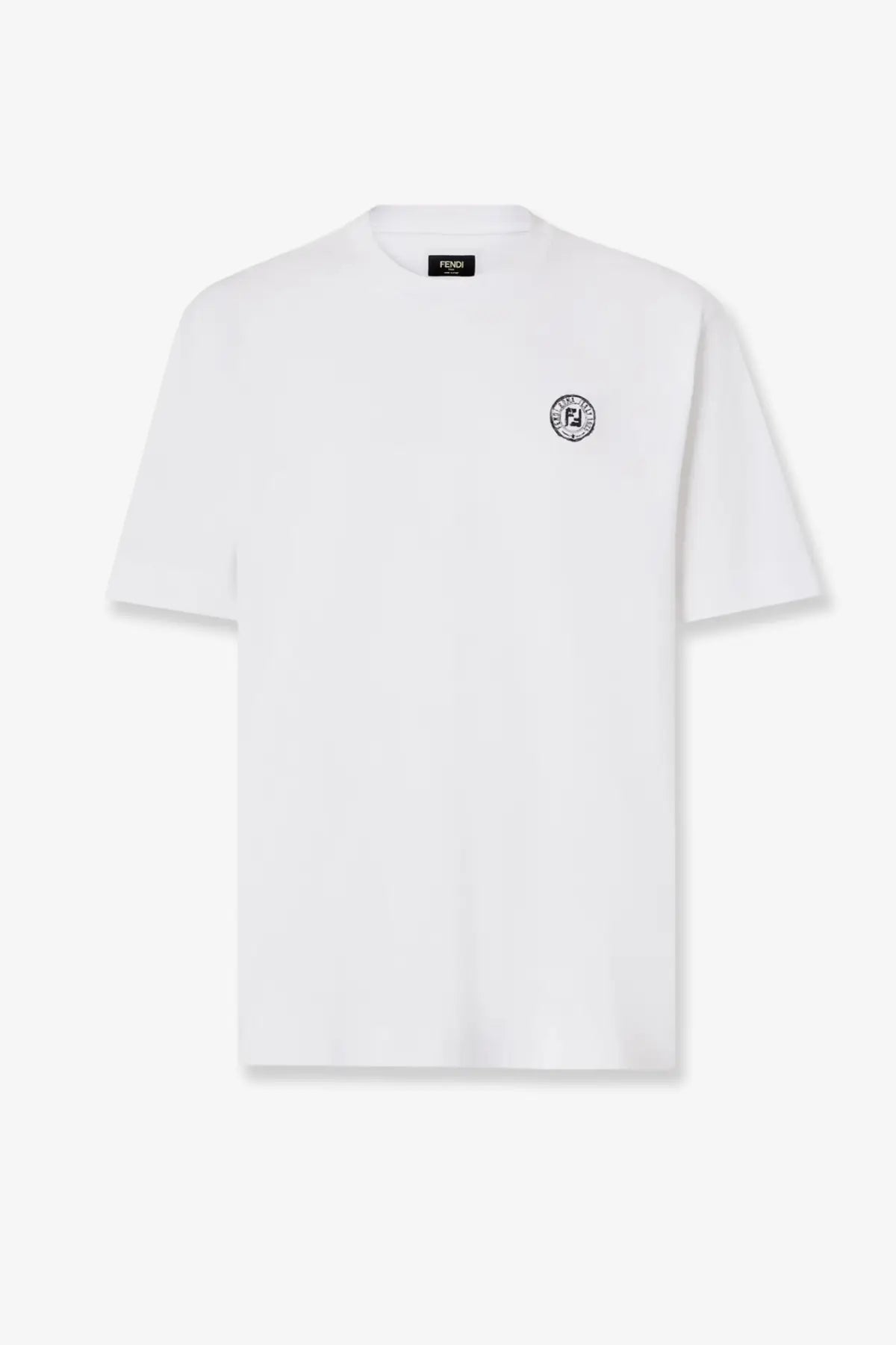 Fendi men’s white cotton t-shirt with small black circular logo on left chest and branded tag at neckline