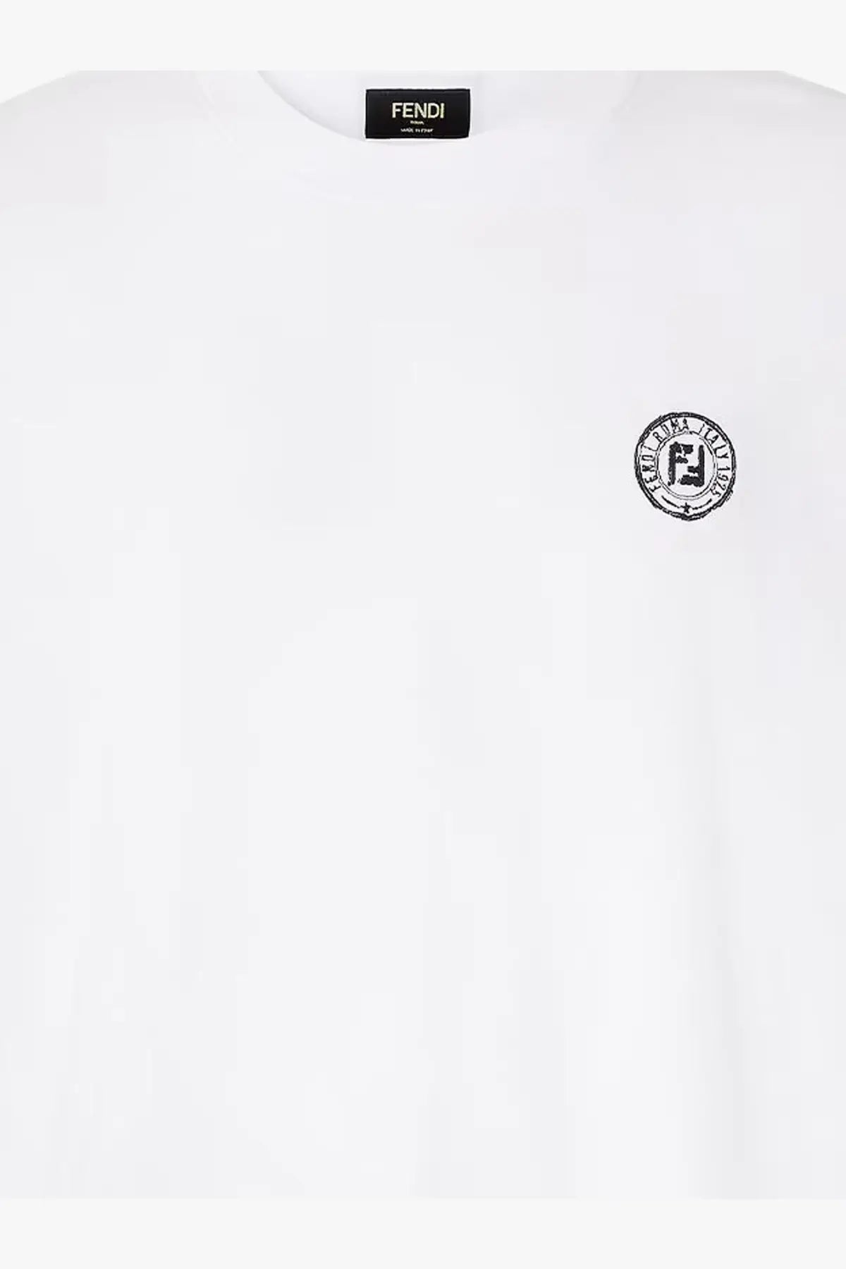 Fendi men’s white cotton t-shirt with black embroidered circular logo on chest and matching neckline label