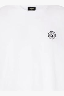 Fendi men’s white cotton t-shirt with black embroidered circular logo on chest and matching neckline label