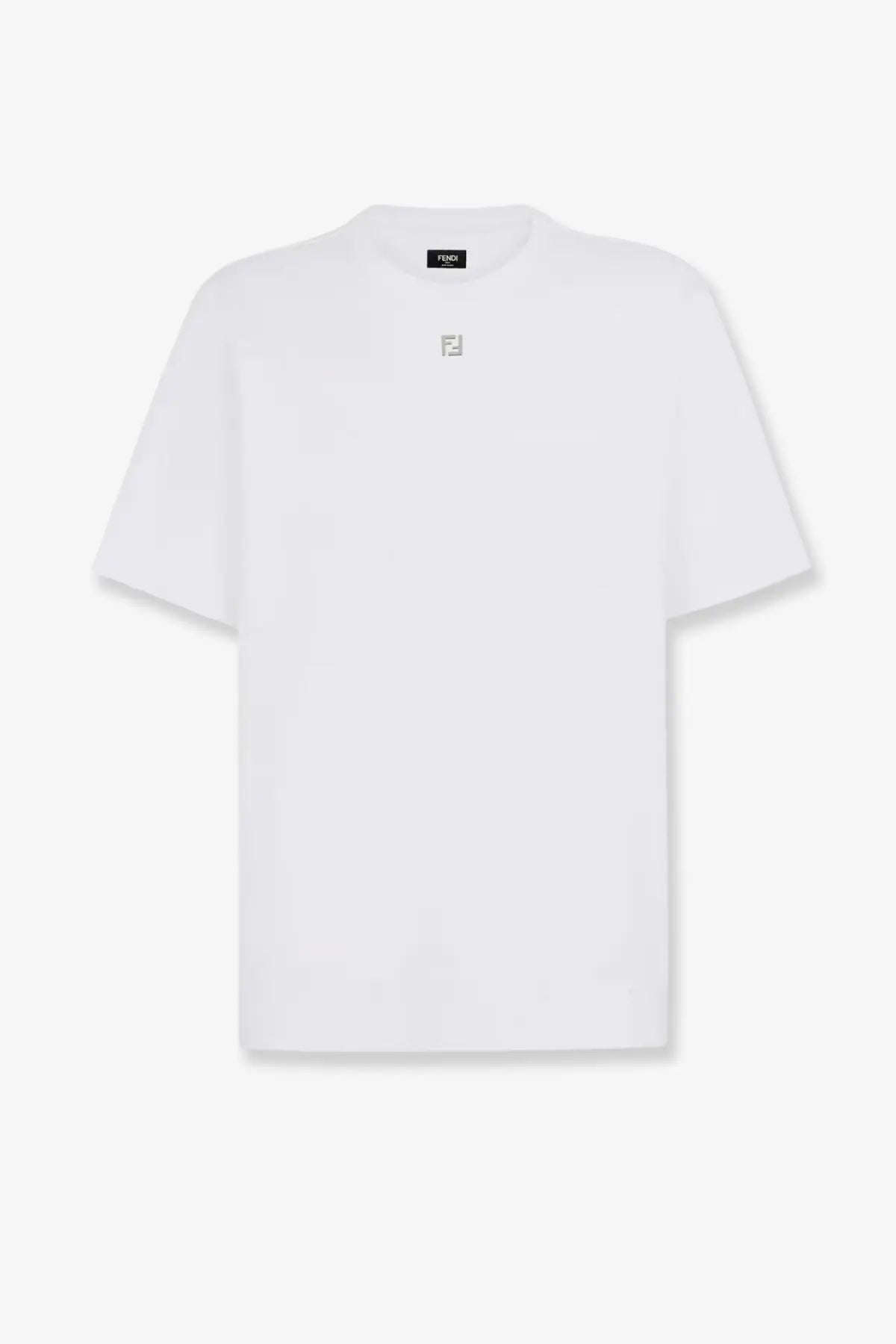 Fendi men’s white cotton t shirt with a minimalist logo patch on the chest and brand tag inside the collar