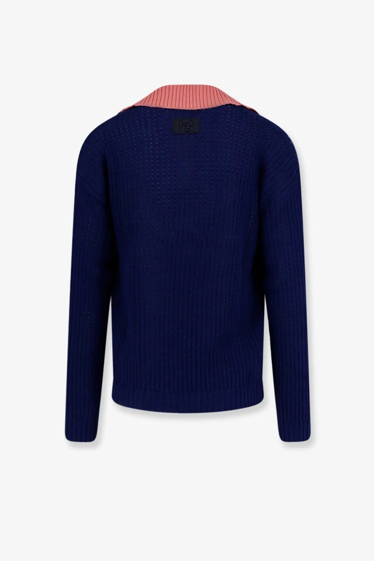 Fendi men’s navy blue ribbed cotton sweater with contrasting pink collar perfect for casual wear