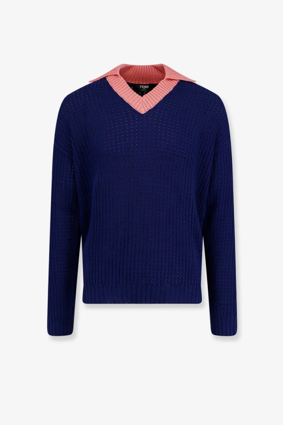 Navy blue ribbed cotton sweater with a contrasting pink collar and Fendi brand label inside for men