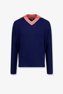 Navy blue ribbed cotton sweater with a contrasting pink collar and Fendi brand label inside for men