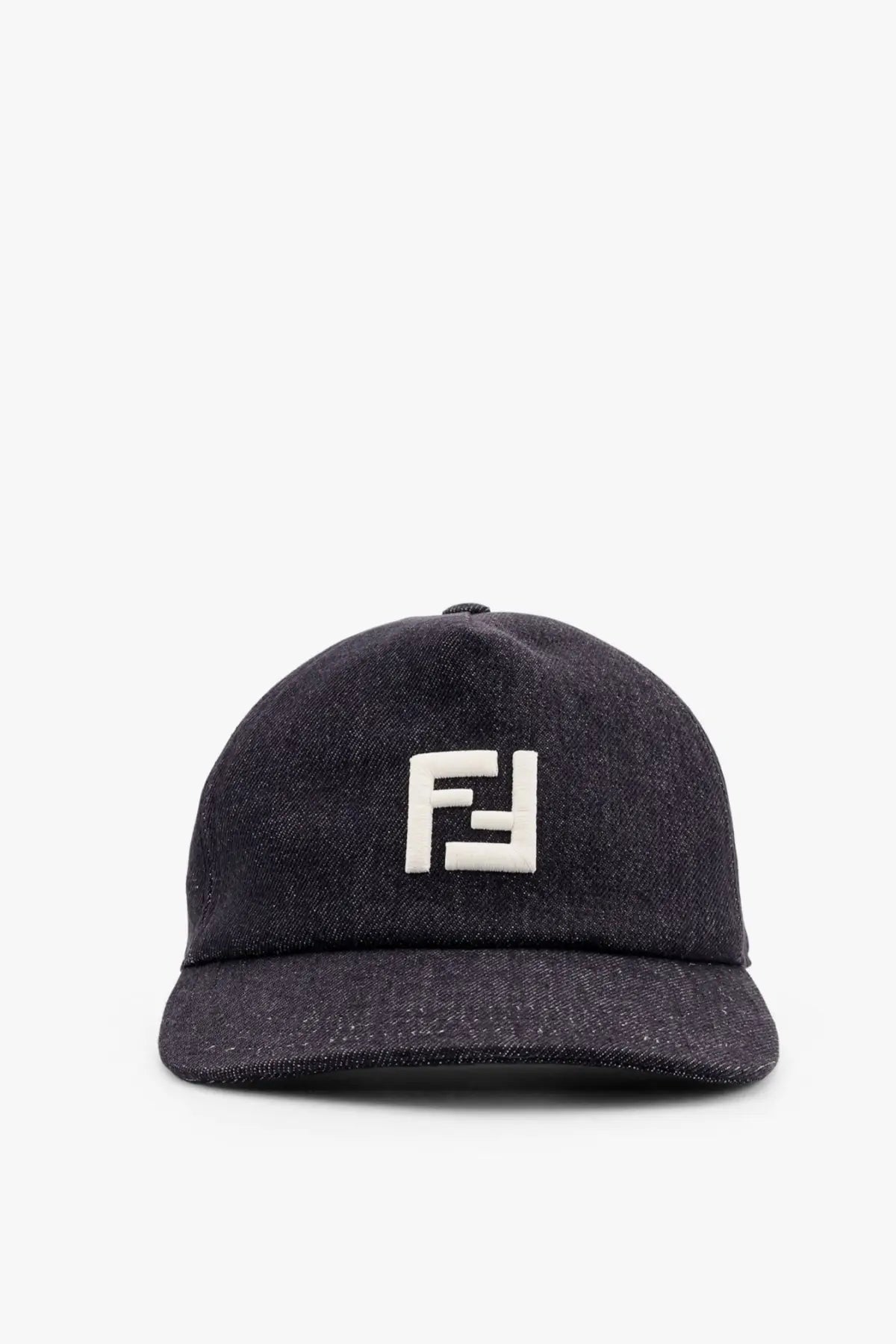 Fendi men’s dark blue denim baseball hat with prominent white embroidered logo on the front