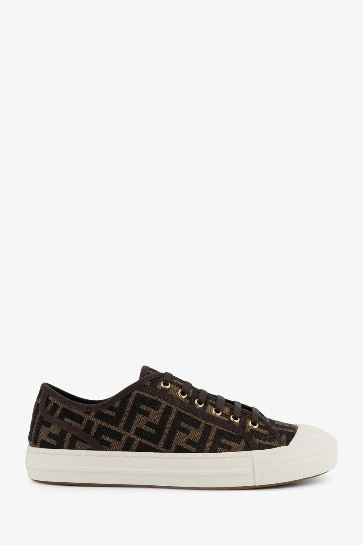 Brown fendi men’s sneakers with ff logo jacquard fabric upper white sole and black laces black model