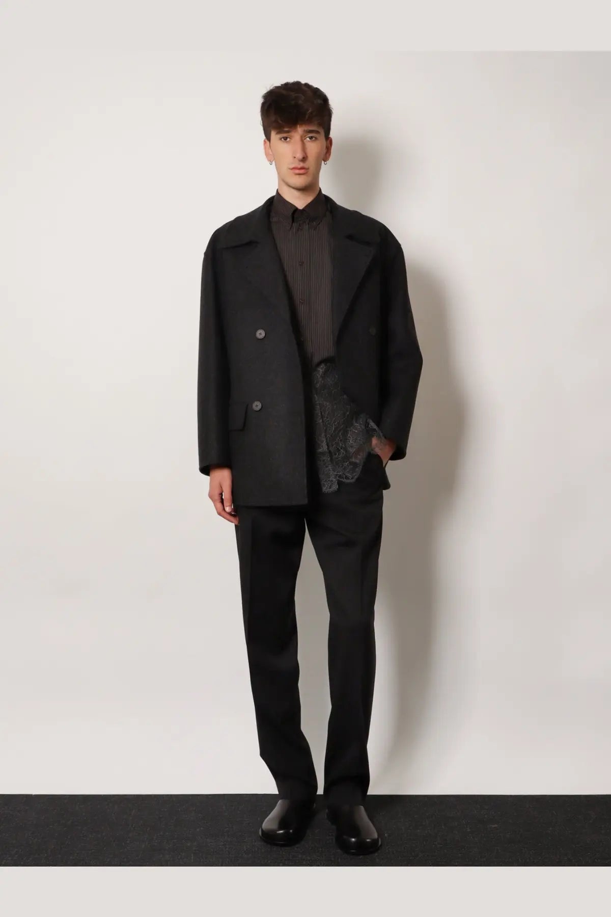 Fendi men’s double breasted wool felt peacoat in grey with subtle texture and structured silhouette