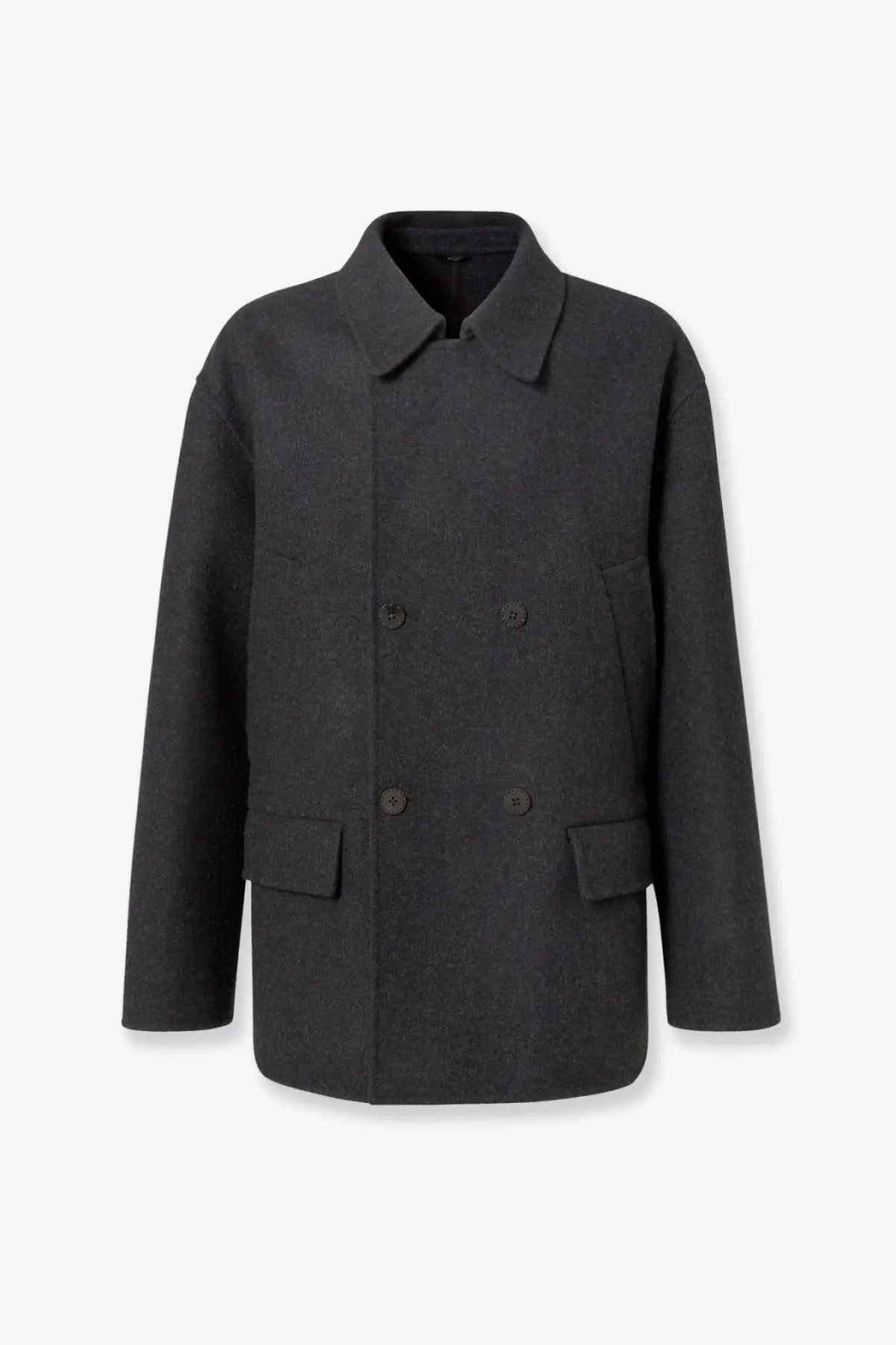 Fendi men’s dark gray double-breasted wool felt peacoat with notched collar and matching buttons