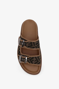 Brown fendi men’s feel slide sandal in ff jacquard fabric with double buckle straps and monogram pattern