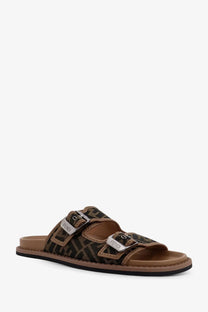 Brown fendi men’s feel slide sandal in ff jacquard fabric with repeating monogram and silver-tone buckle details