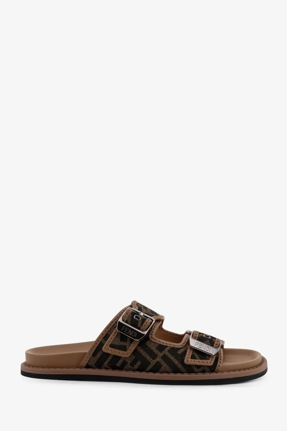 Brown fendi men’s feel slide sandal with ff jacquard fabric straps and silver-tone metal buckles in black