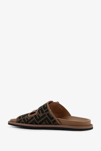 Brown fendi men’s feel slide sandal with black and brown ff logo pattern in jacquard fabric upper