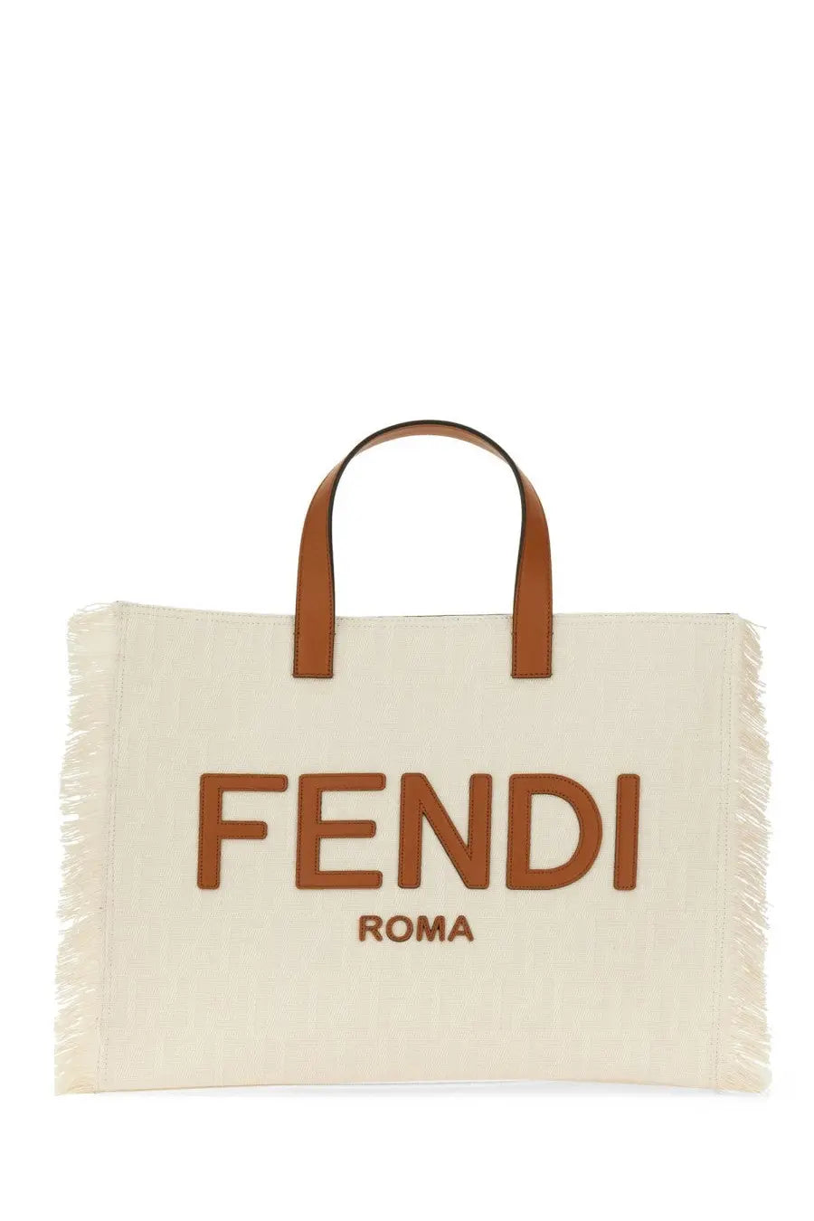 Cream-colored canvas Fendi men’s tote bag with brown leather handles frayed edges and bold fendi roma lettering