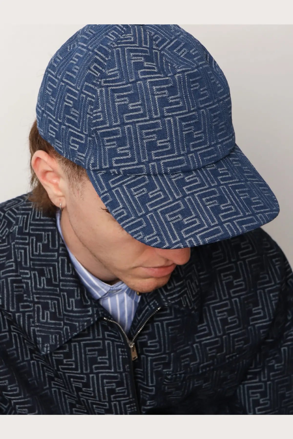 Fendi Men's FF Jacquard Denim Baseball Hat Blue, view 2