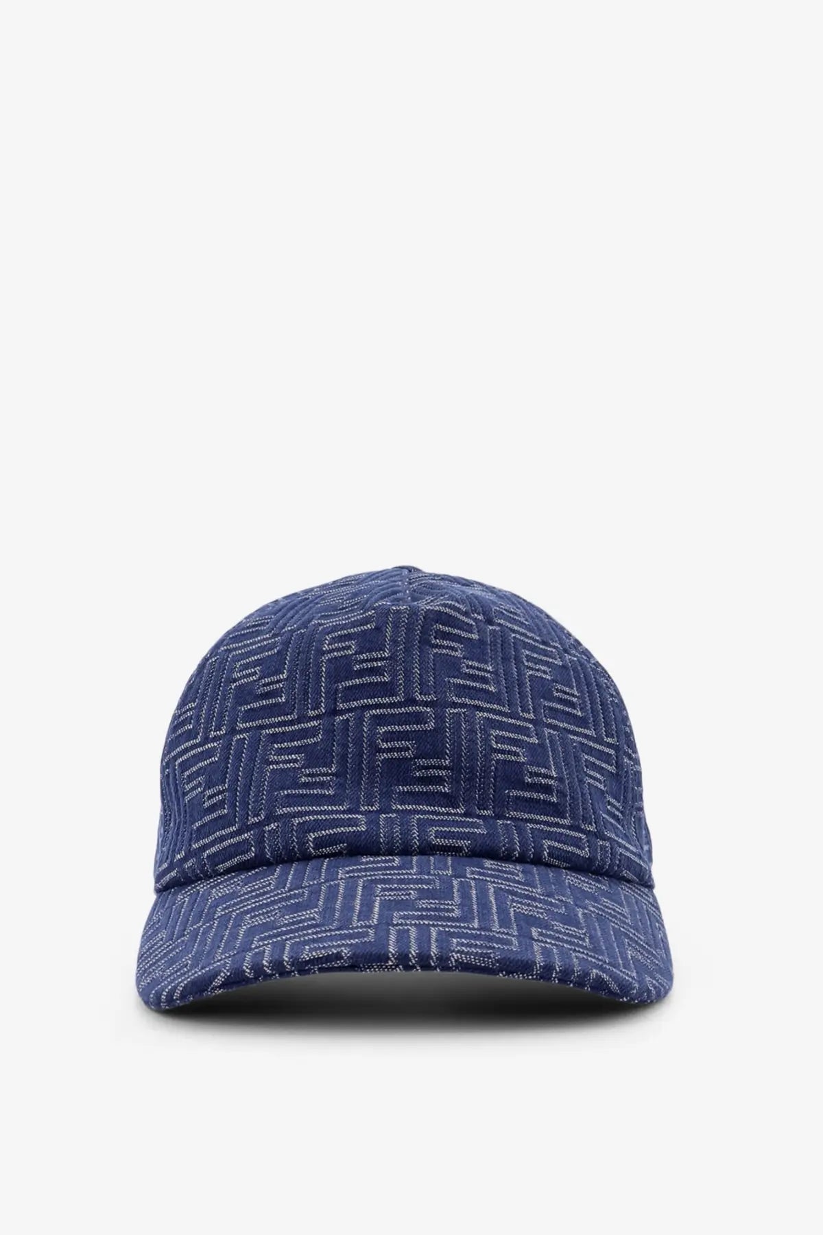 Navy blue Fendi men’s baseball hat featuring interlocking ff jacquard logo pattern in denim fabric