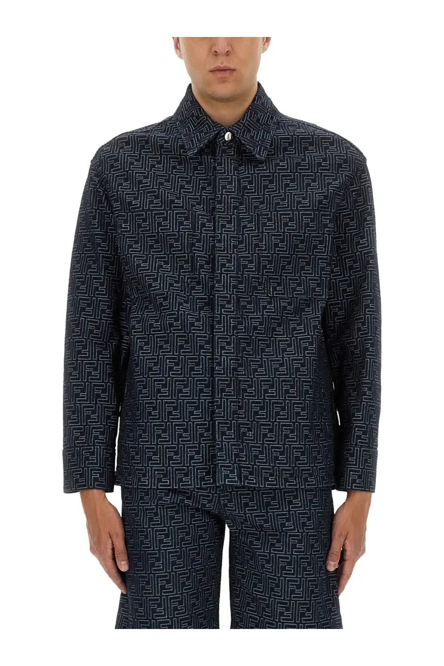 Dark blue fendi men’s jacquard denim jacket with repeating lighter blue ff logo pattern for stylish wear