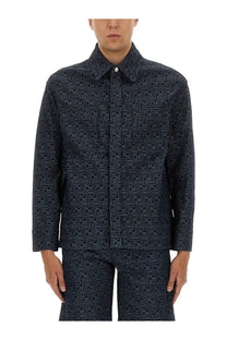 Dark blue fendi men’s jacquard denim jacket with repeating lighter blue ff logo pattern for stylish wear